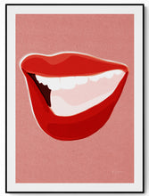 Load image into Gallery viewer, Riso art print of bold red lips in graphic layered colour, pop-inspired Scandinavian illustration