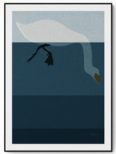 Load image into Gallery viewer, Riso art print of a swan in minimal lines and layered tones, hand-drawn Scandinavian illustration