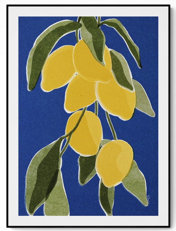Riso art print of lemons in layered indigo and gold, hand-drawn minimalist Scandinavian illustration