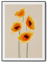 Load image into Gallery viewer, Riso art print of oriental poppies in translucent layered colour, hand-drawn minimalist illustration