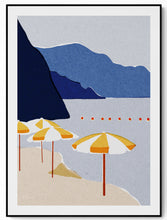 Load image into Gallery viewer, Riso art print of Amalfi coast beach umbrellas in warm Mediterranean colours, hand-drawn layered illustration
