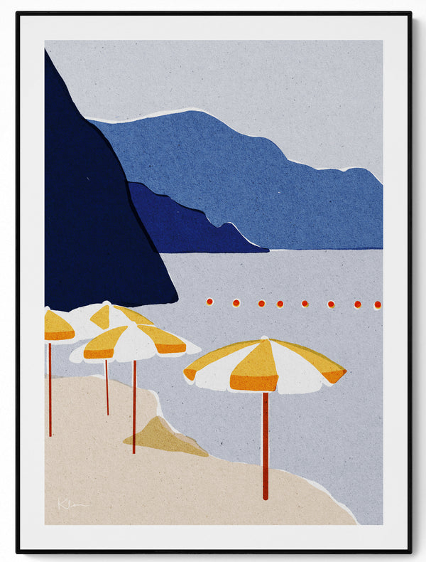 Riso art print of Amalfi coast beach umbrellas in warm Mediterranean colours, hand-drawn layered illustration