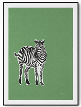 Load image into Gallery viewer, Riso art print — zebra in deep green, bold graphic illustration — NEAT Stockholm
