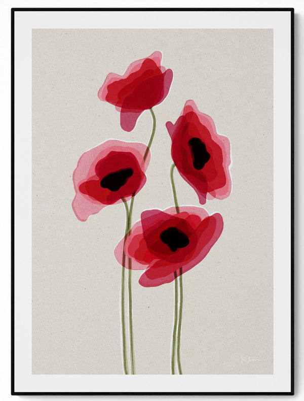 Riso art print of poppies in bold layered colour, hand-drawn minimalist Scandinavian illustration